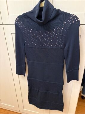 Catherine Malandrino Navy Open-Knit Turtleneck Sweater Dress